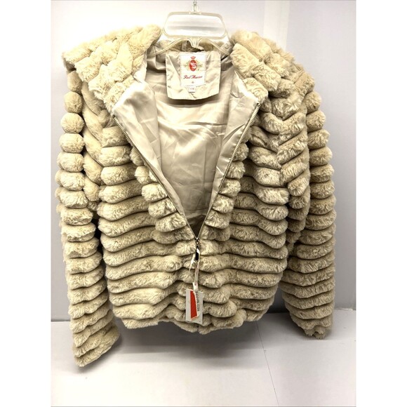 Red Marine Amsterdams Beige Very Fuzzy Hooded Zip Front Jacket SZ L New w/Tags - Picture 1 of 10